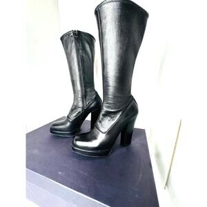 Prada Vintage y2k Black Leather Sock Boots High Block Heel shaft size 38.5